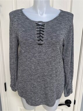DEMOCRACY heather gray tunic ruche long sleeve laced neck shirt boho oversize XS